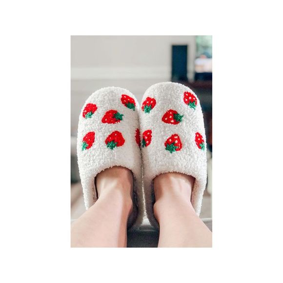Azura Exchange  Bright White Cute Fuzzy Strawberry Pattern Home Slippers - Picture 1 of 8